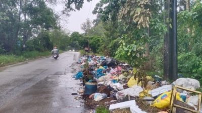 Sampah Menumpuk di Gerbang TPU Sei Temiang Meluber Hingga ke Bahu Jalan